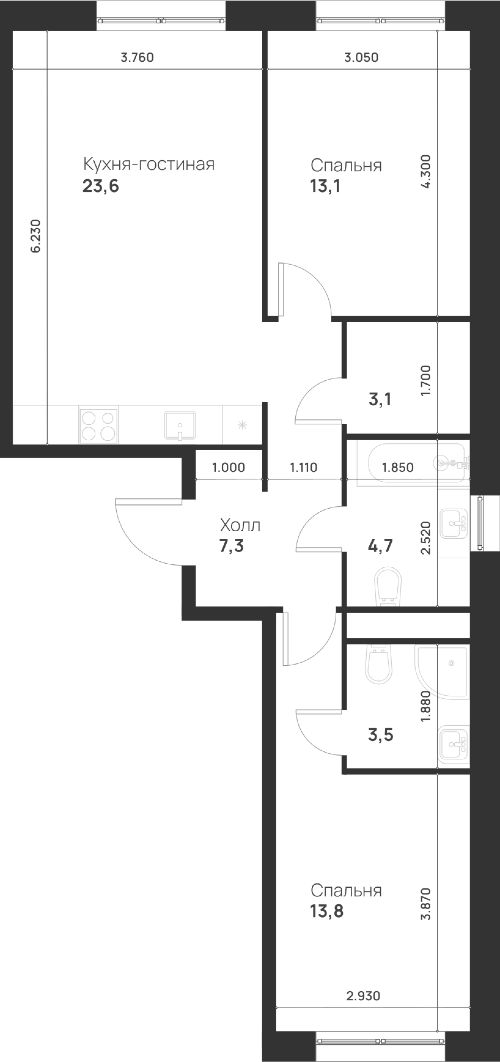 2-комнатная 69 м2 в ЖК Форевиль корпус null этаж 2