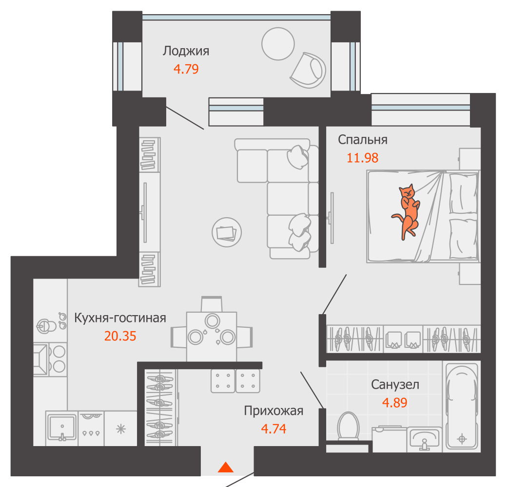 2-комнатная 44 м2 в ЖК ZNAK корпус null этаж 5