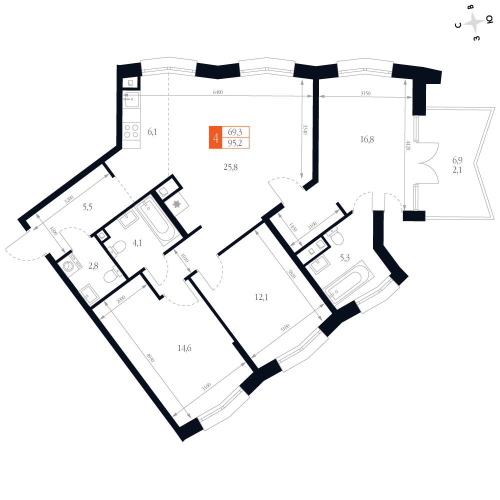 4-комнатная 95 м2 в ЖК Фордевинд корпус null этаж 2