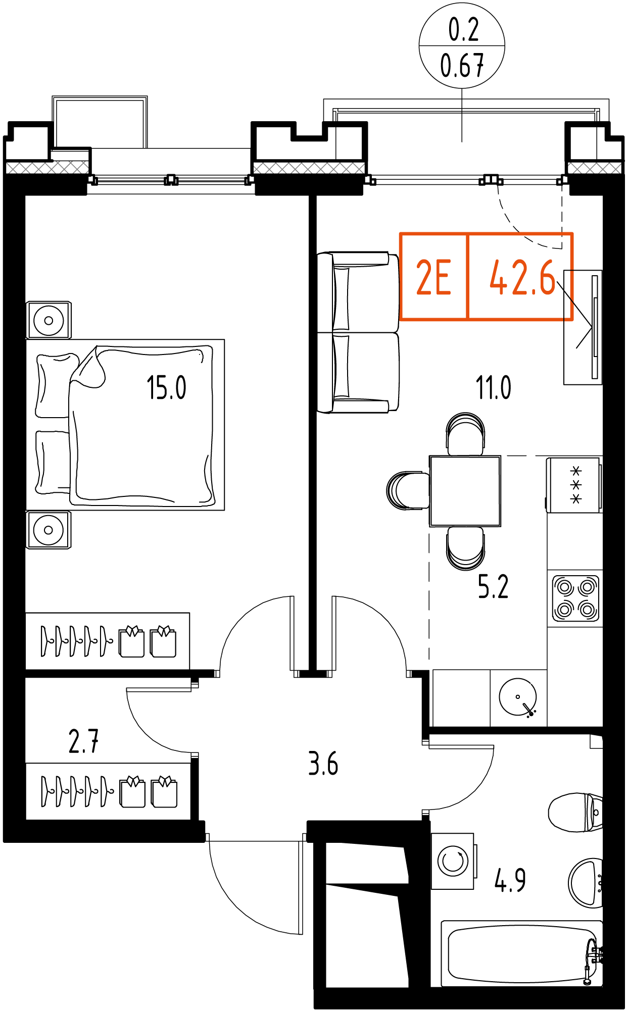 1-комнатная 42 м2 в ЖК Сколково ВАН корпус null этаж 7