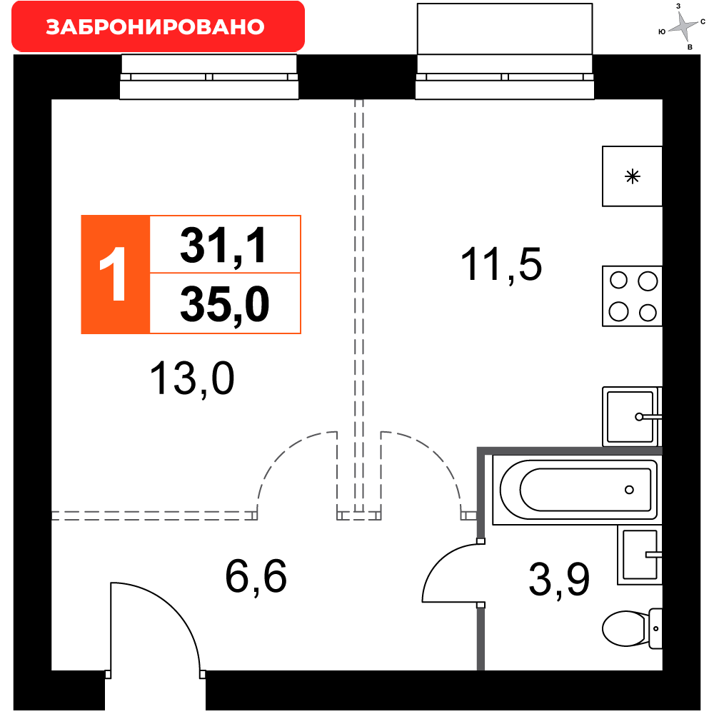 1-комнатная 35 м2 в ЖК Дубровицы Клаб корпус null этаж 4