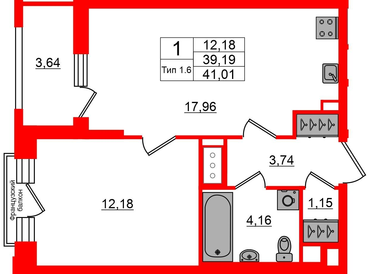 1-комнатная 39 м2 в ЖК Сэтл Ривьера корпус null этаж 6