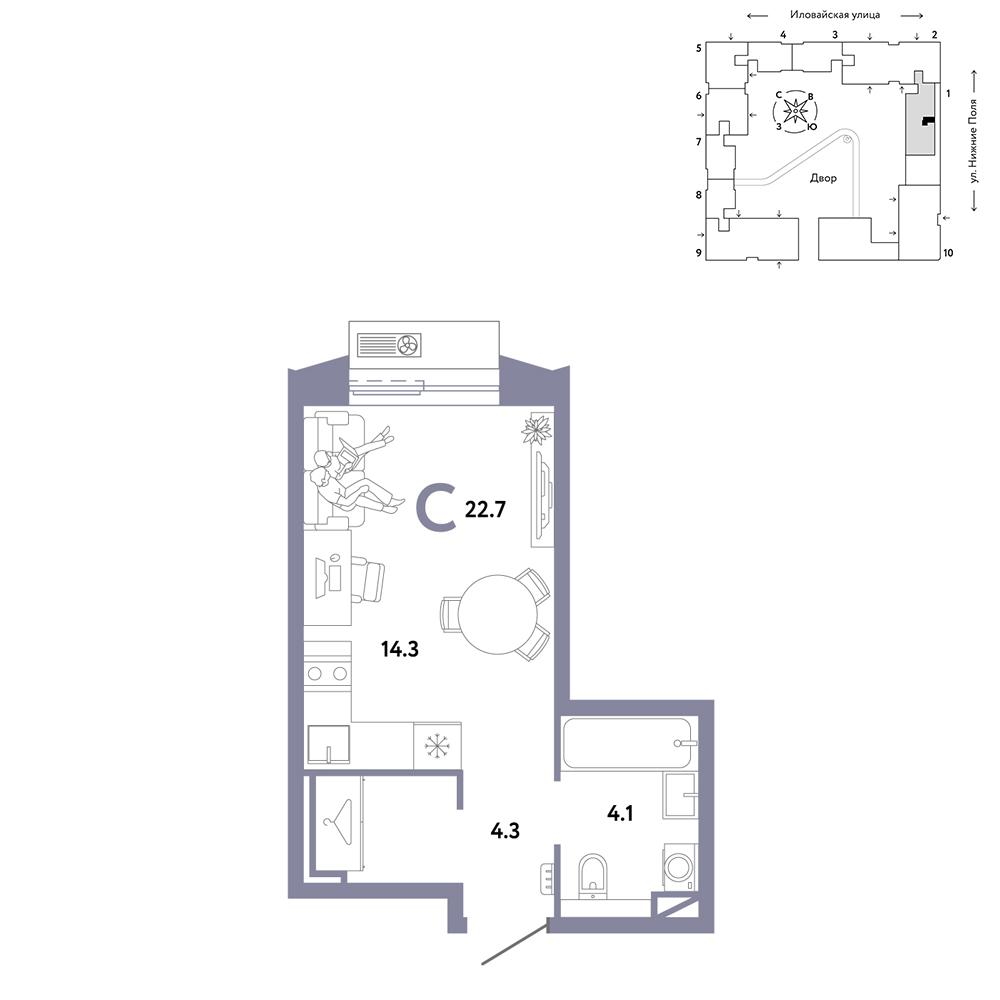 1-комнатная 22 м2 в ЖК Страна.Заречная корпус null этаж 3