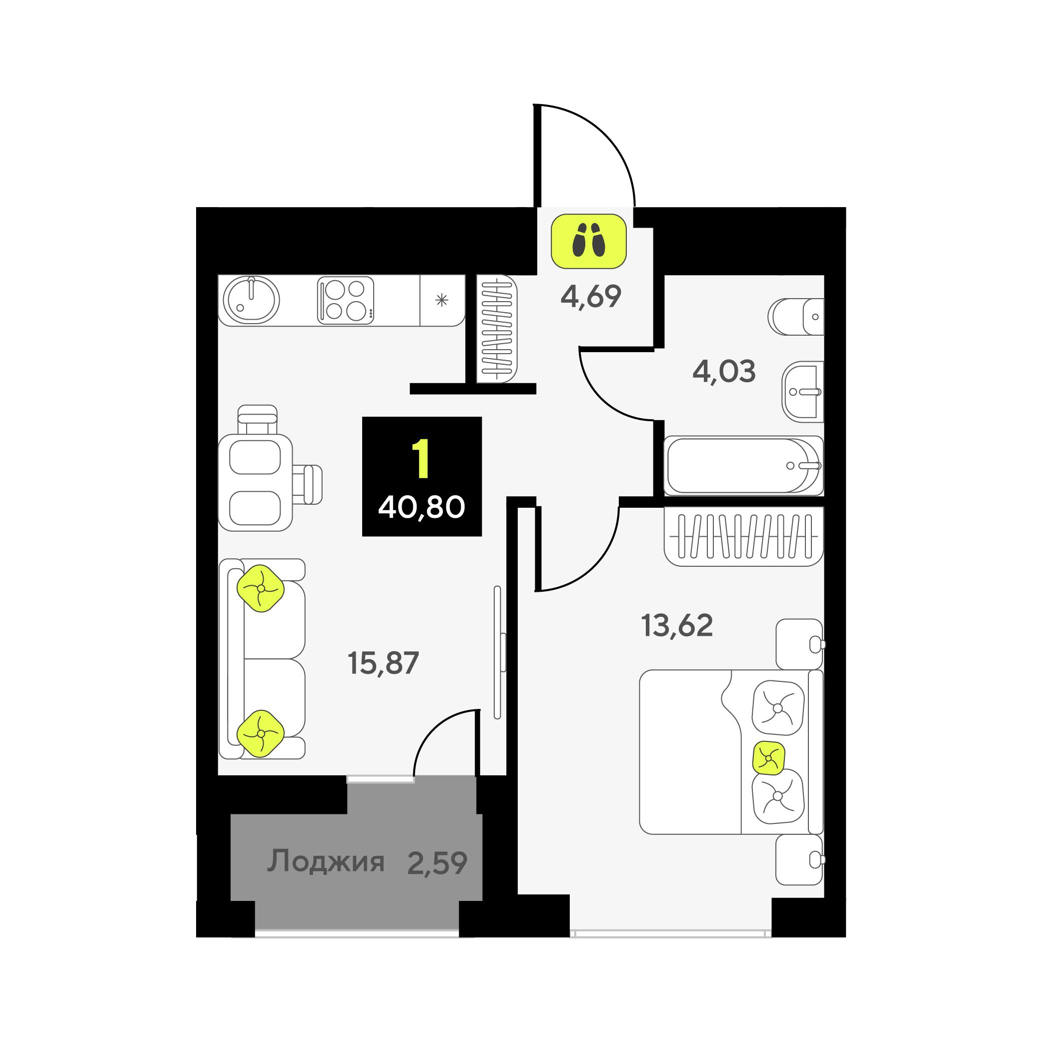 1-комнатная 40 м2 в ЖК Мотивы корпус null этаж 5