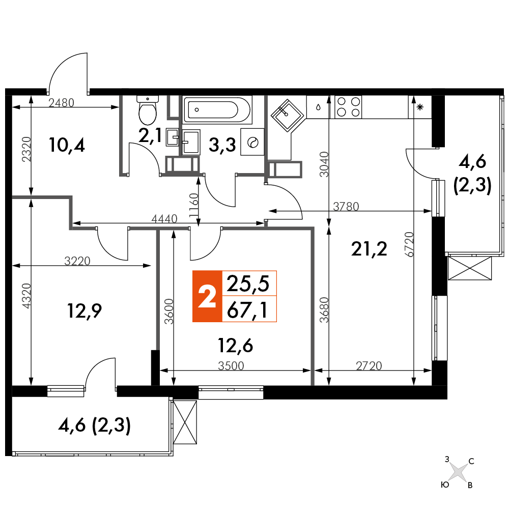 2-комнатная 66 м2 в ЖК Олимп корпус null этаж 13