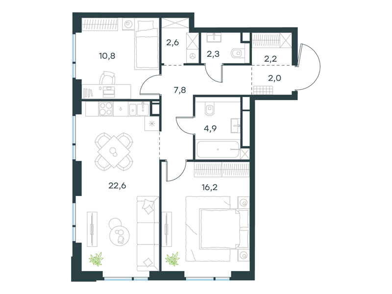 2-комнатная 71 м2 в ЖК Левел Войковская корпус null этаж 12