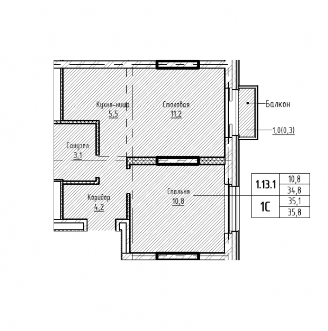 1-комнатная 35.8 м2 в ЖК undefined корпус null этаж 13