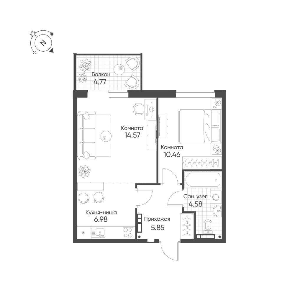 2-комнатная 43 м2 в ЖК Балтым-Парк корпус null этаж 5