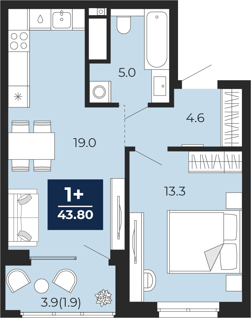 1-комнатная 41 м2 в ЖК Мириады корпус null этаж 5