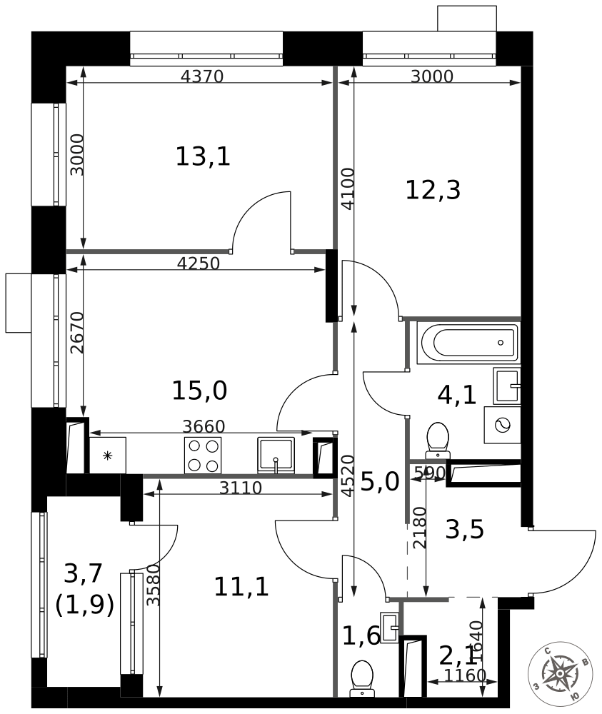 3-комнатная 69 м2 в ЖК 1-й Саларьевский корпус null этаж 13