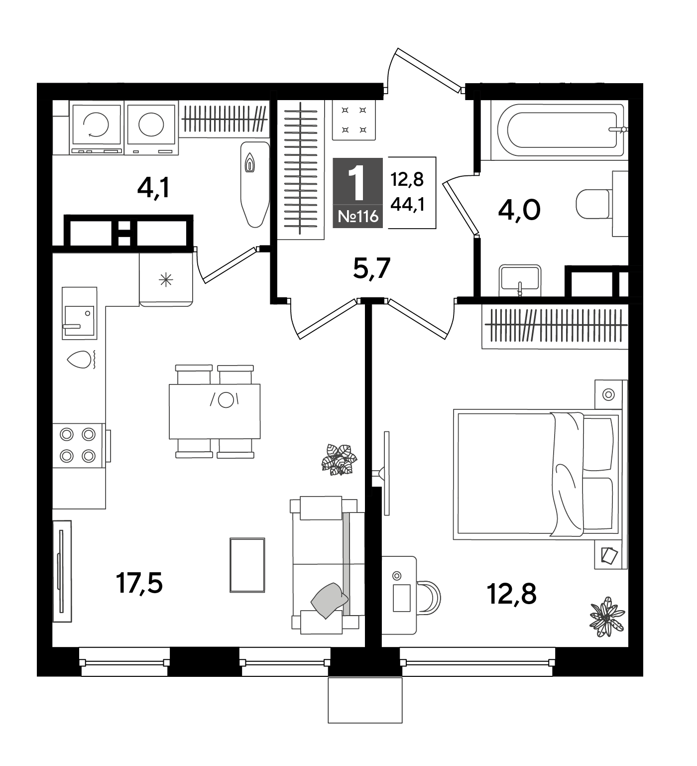 1-комнатная 44 м2 в ЖК Dogma Park корпус null этаж 16