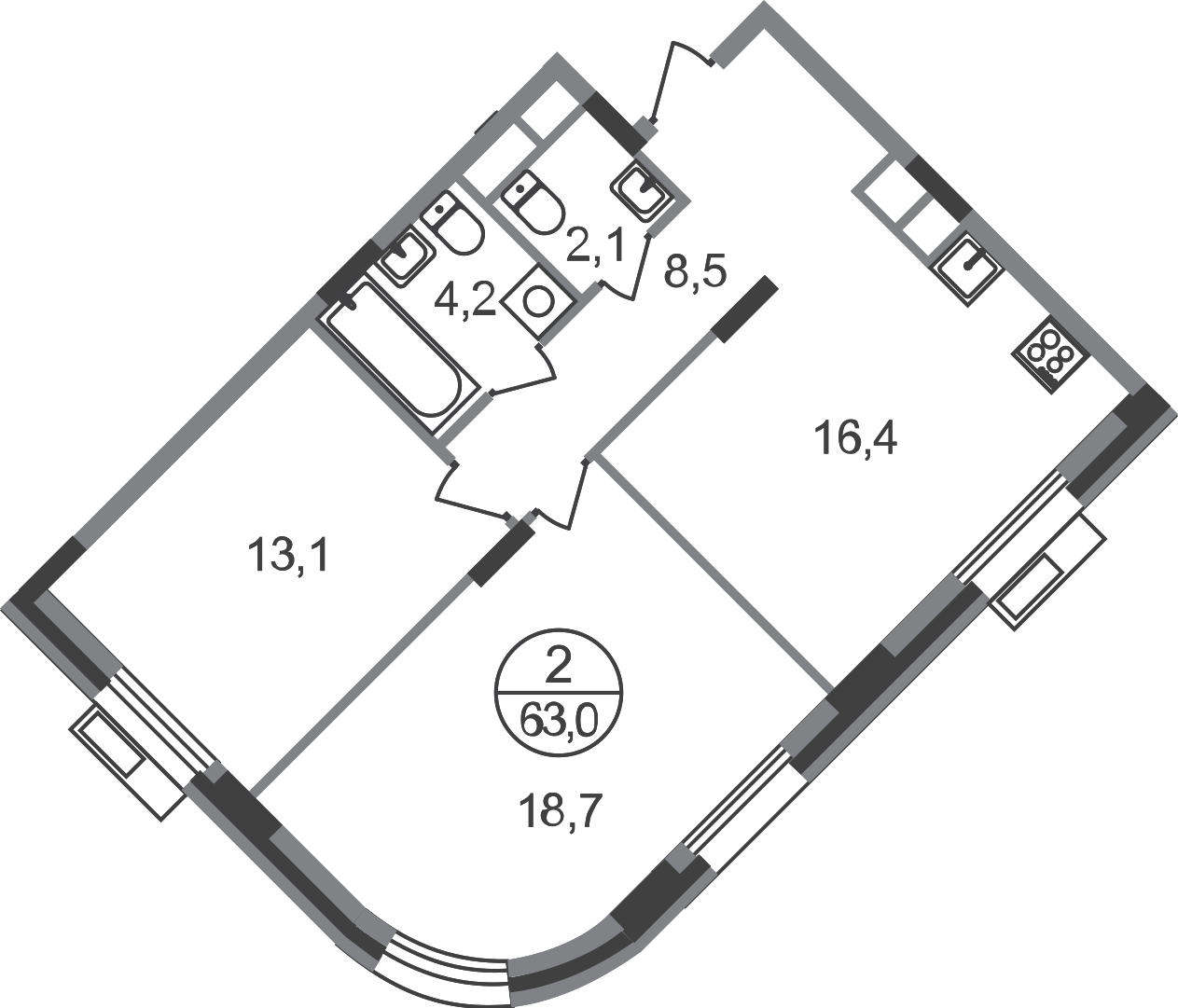 2-комнатная 63 м2 в ЖК Резиденции Сколково корпус null этаж 6