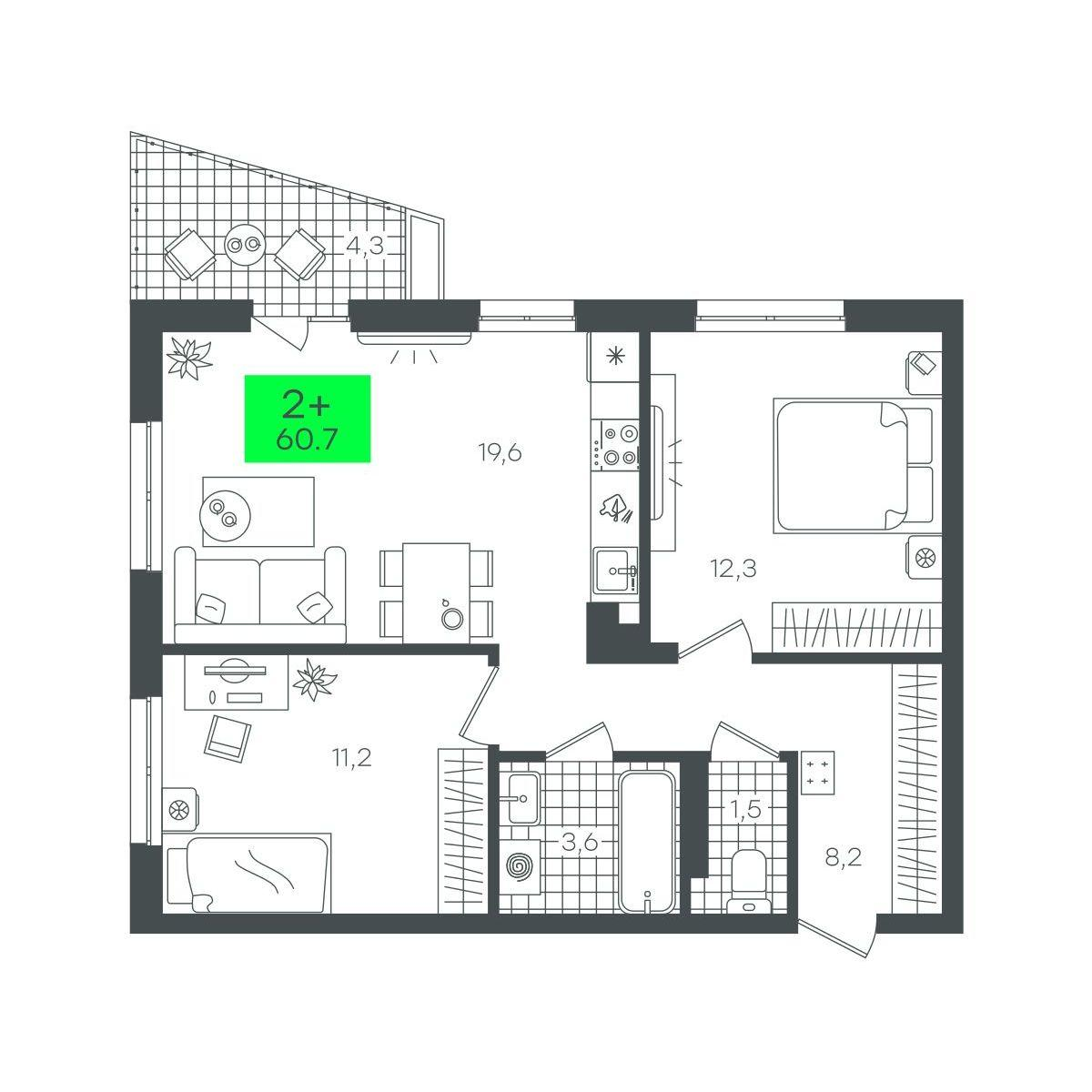 2-комнатная 60 м2 в ЖК Сезоны корпус null этаж 2