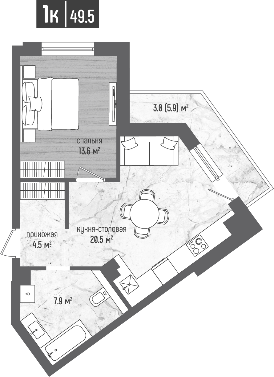 1-комнатная 49 м2 в ЖК Морена корпус null этаж 5
