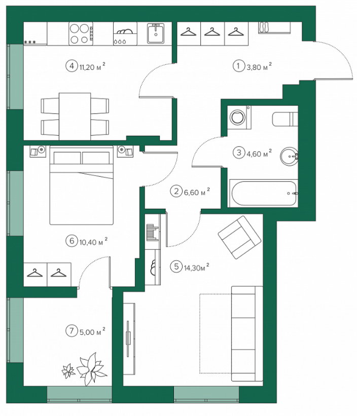 2-комнатная 53.4 м2 в ЖК undefined корпус null этаж 3