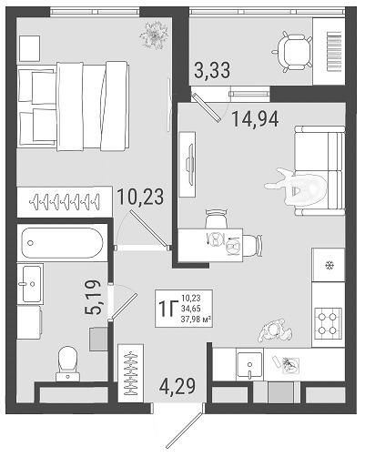 1-комнатная 36 м2 в ЖК Юго Западный корпус null этаж 4