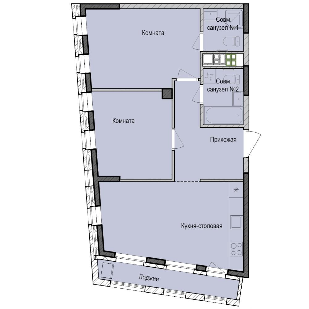 2-комнатная 61 м2 в ЖК Унай корпус null этаж 6