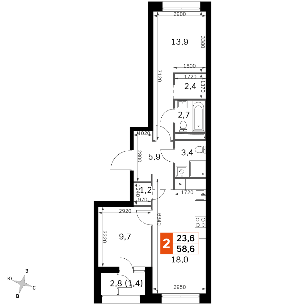 2-комнатная 58 м2 в ЖК Sky Garden корпус null этаж 26