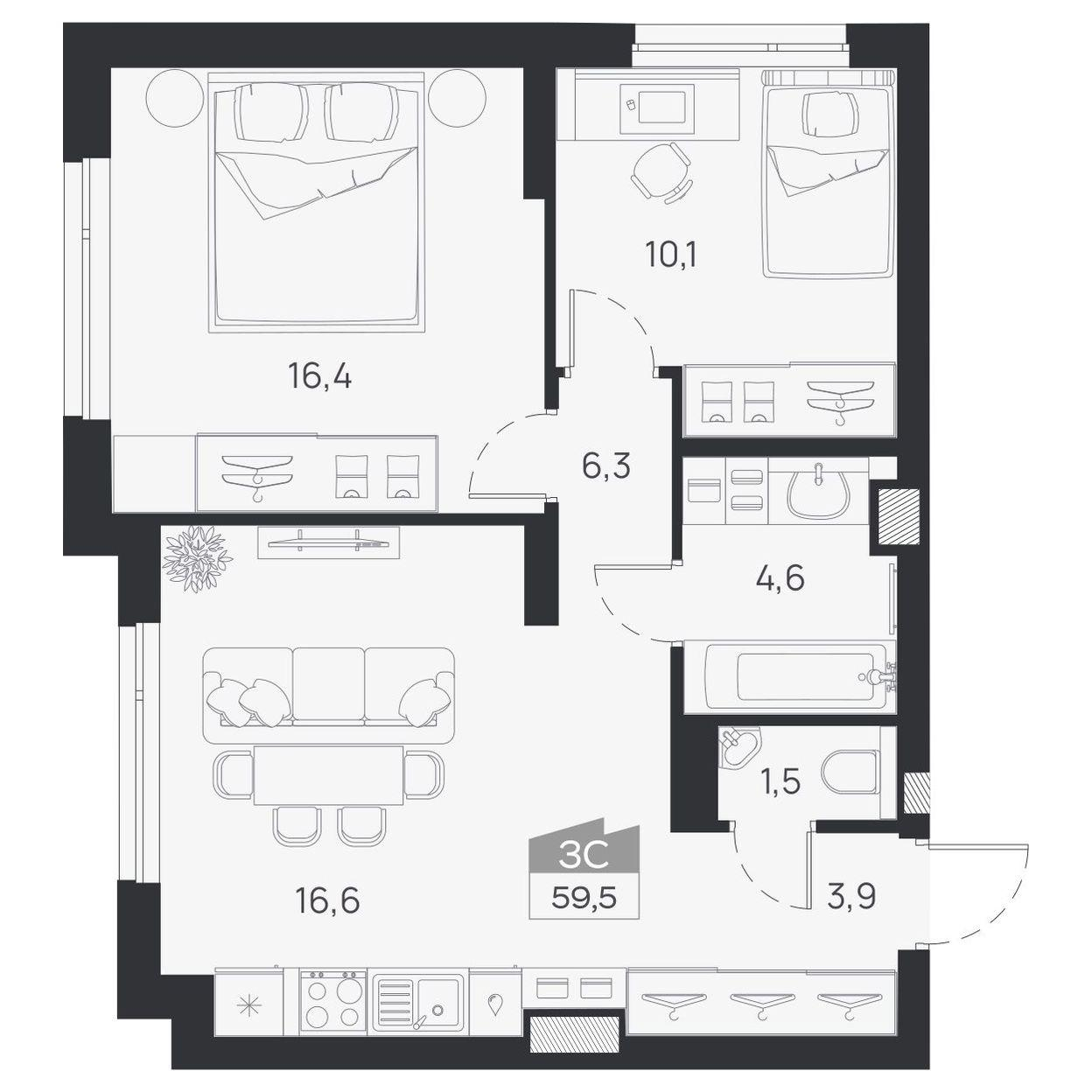 3-комнатная 95 м2 в ЖК Ясный берег корпус null этаж 5