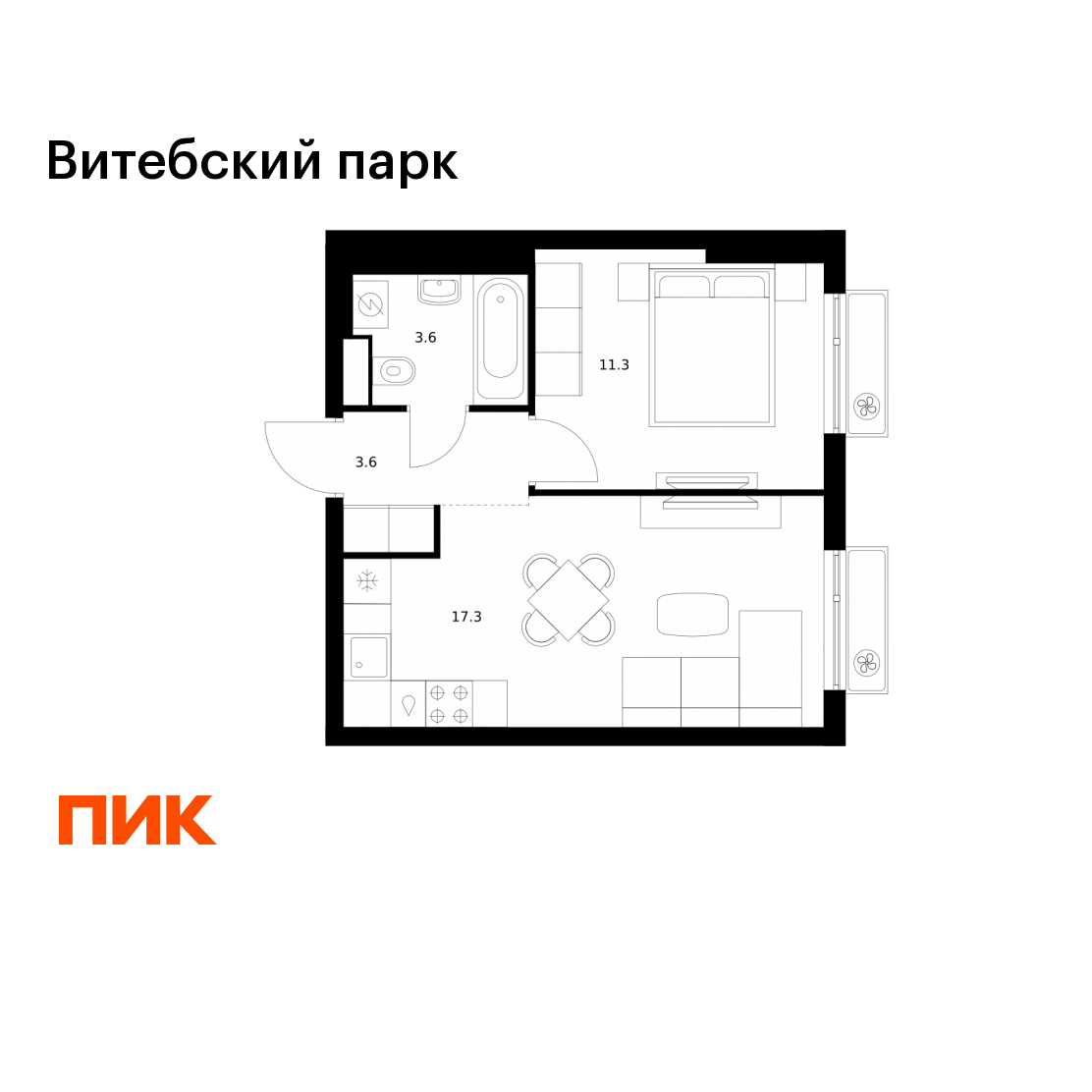1-комнатная 35 м2 в ЖК Витебский парк корпус null этаж 12