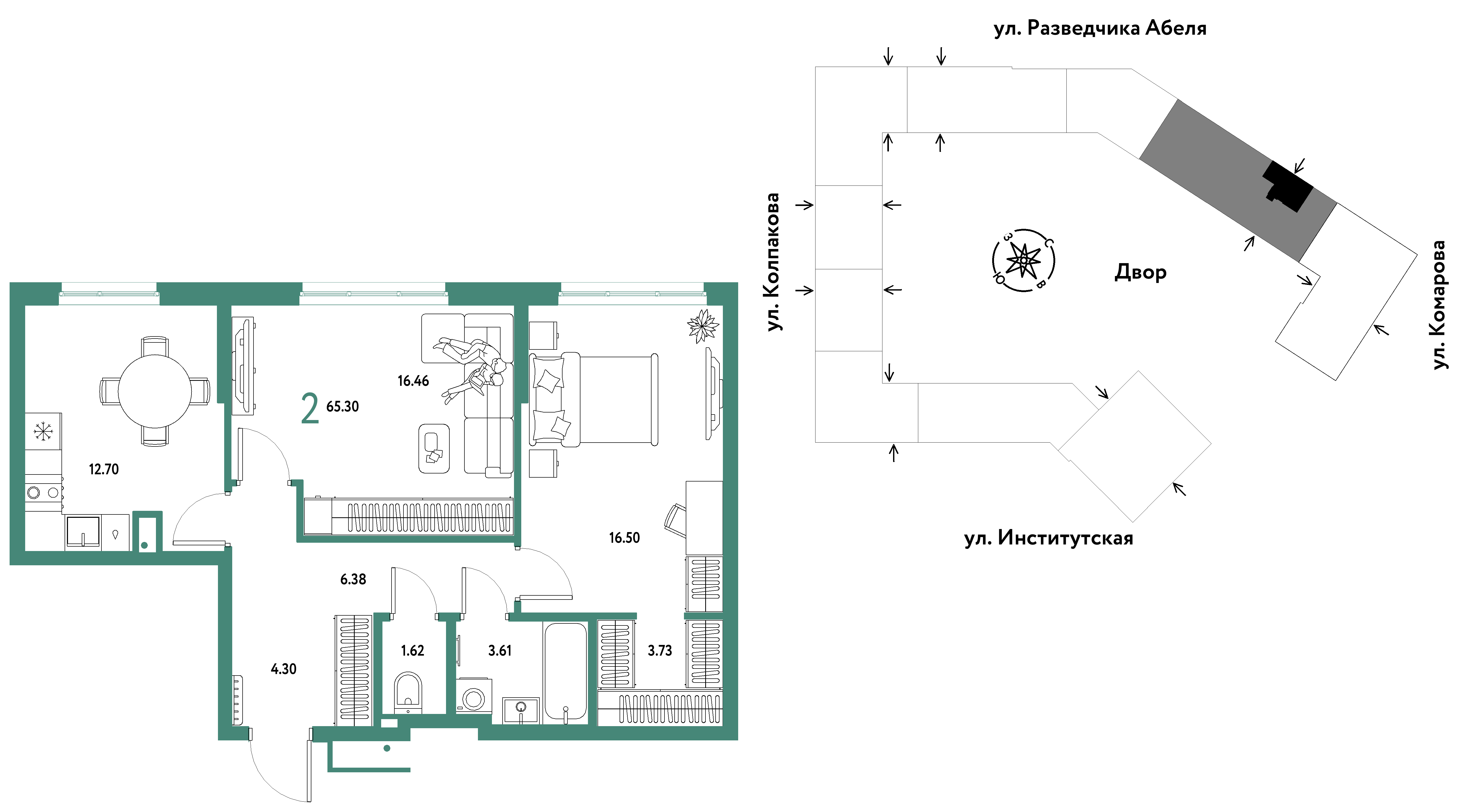 2-комнатная 65 м2 в ЖК Страна.Парковая корпус null этаж 9
