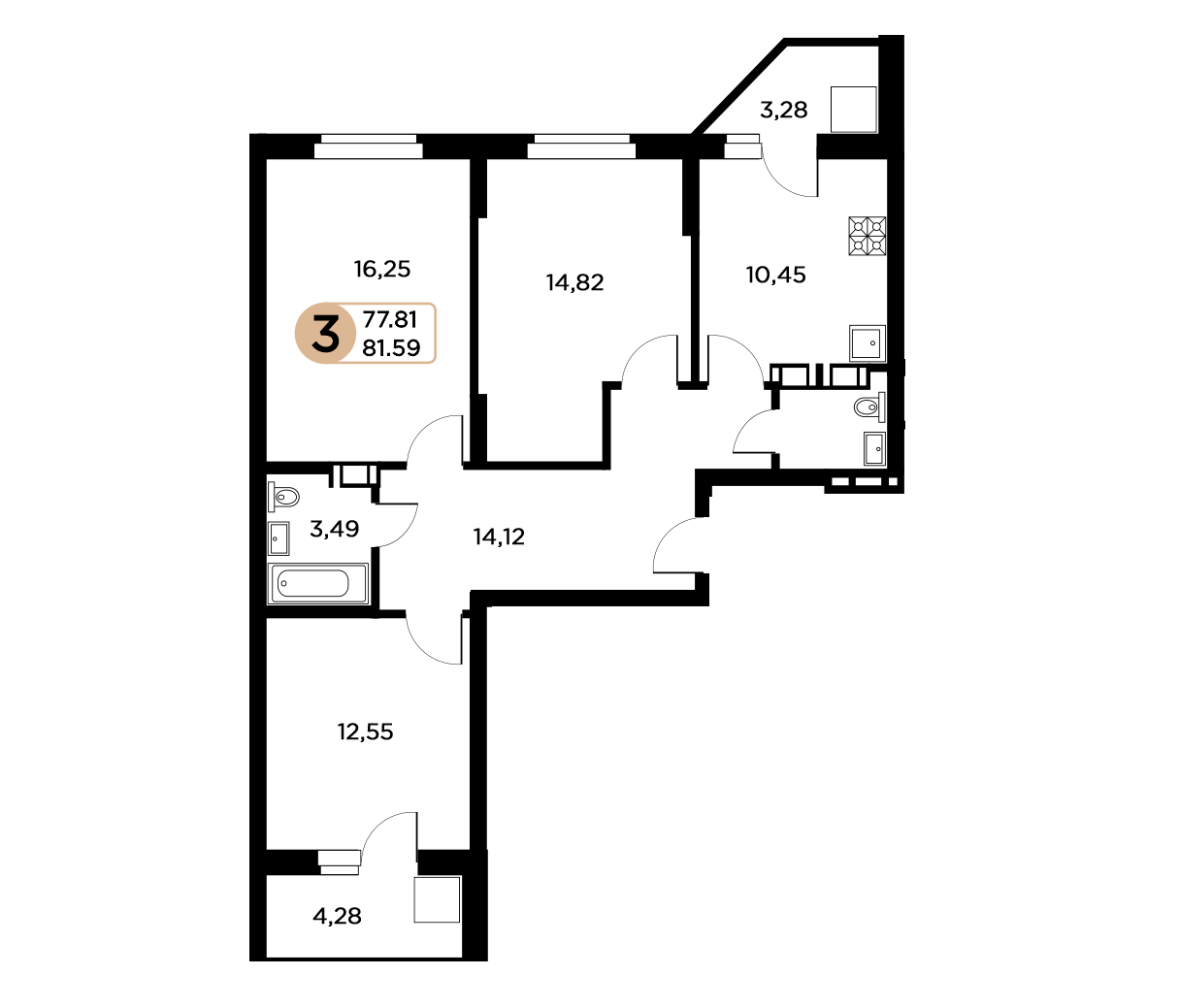 3-комнатная 77 м2 в ЖК Московский корпус null этаж 12