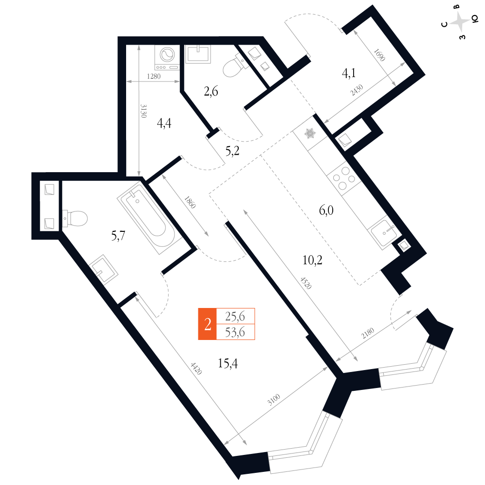 2-комнатная 53 м2 в ЖК Фордевинд корпус null этаж 13