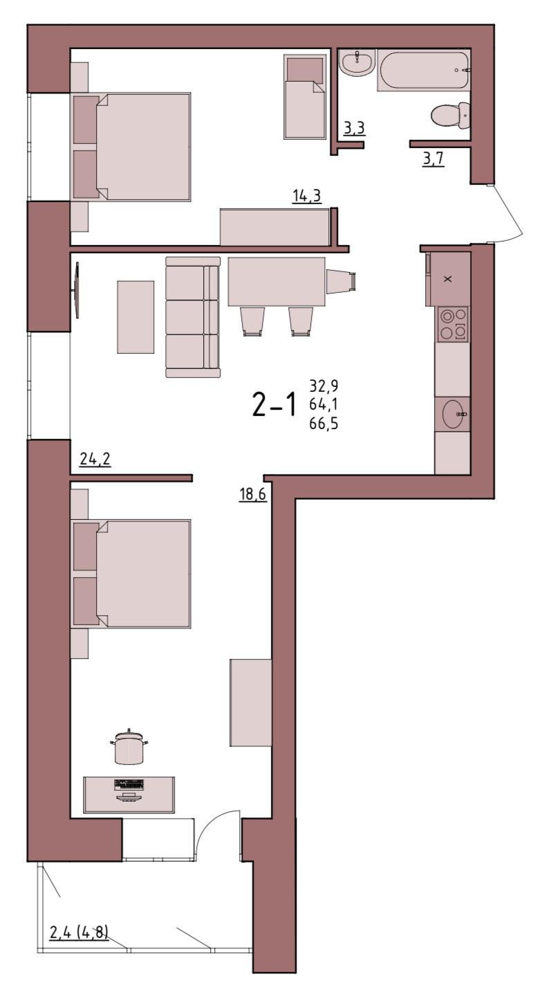 2-комнатная 64.4 м2 в ЖК undefined корпус null этаж 8