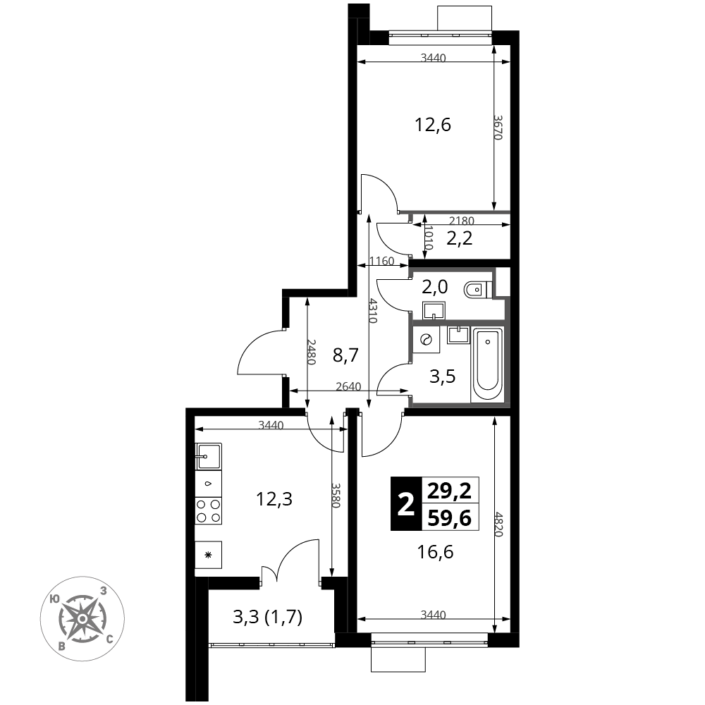 2-комнатная 59 м2 в ЖК Южная Битца корпус null этаж 14
