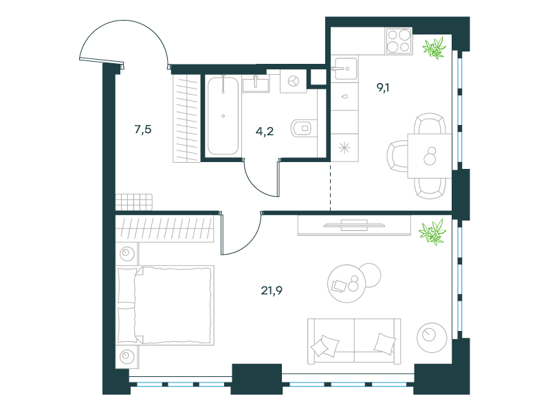 1-комнатная 42 м2 в ЖК Левел Южнопортовая корпус null этаж 42