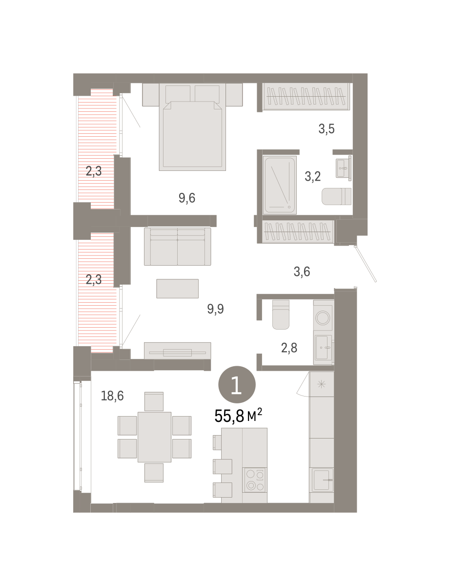 1-комнатная 55 м2 в ЖК Республики 205 корпус null этаж 15
