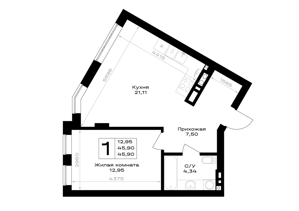 1-комнатная 45 м2 в ЖК Включи корпус null этаж 3