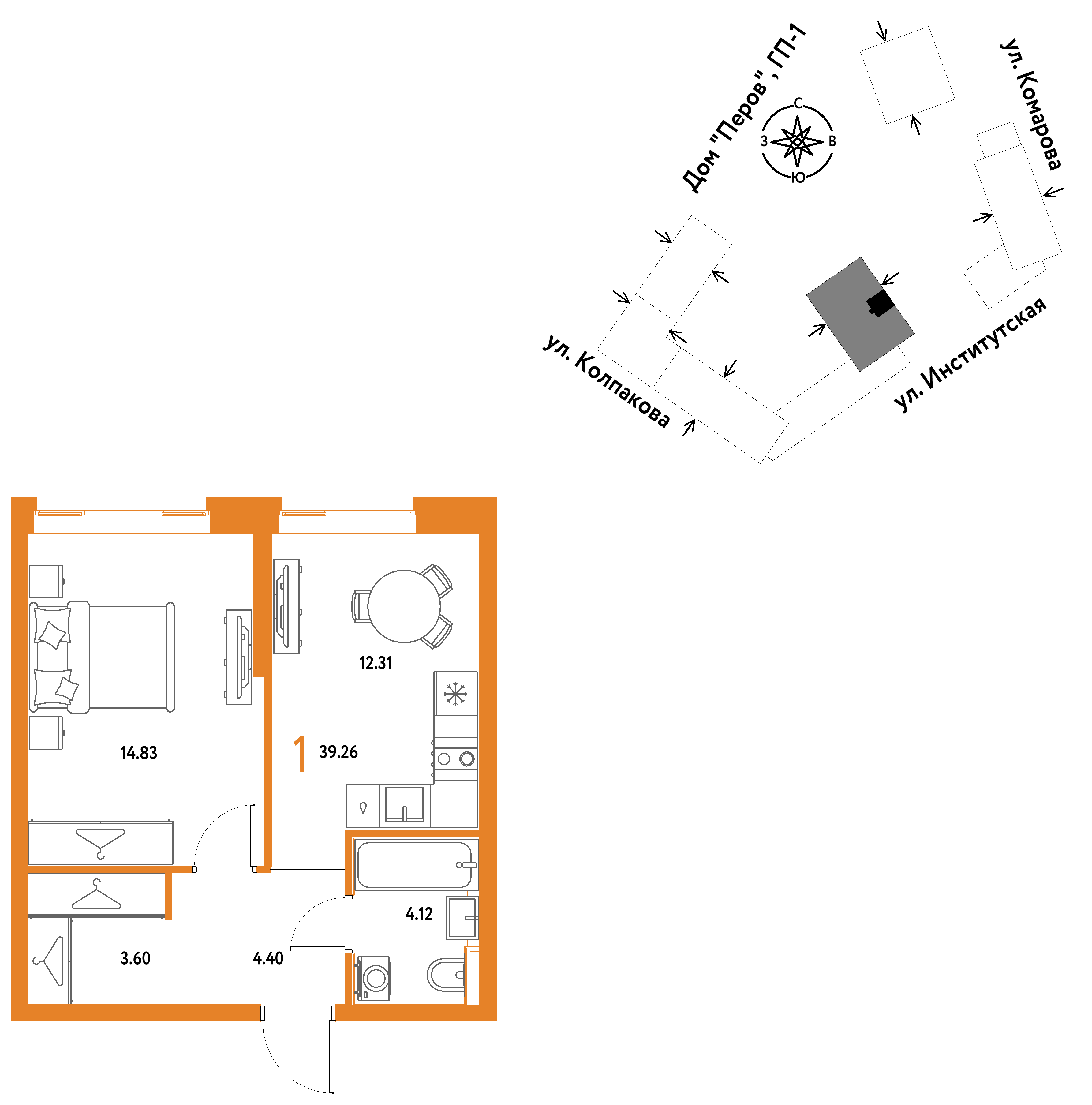 1-комнатная 39 м2 в ЖК Страна.Парковая корпус null этаж 10