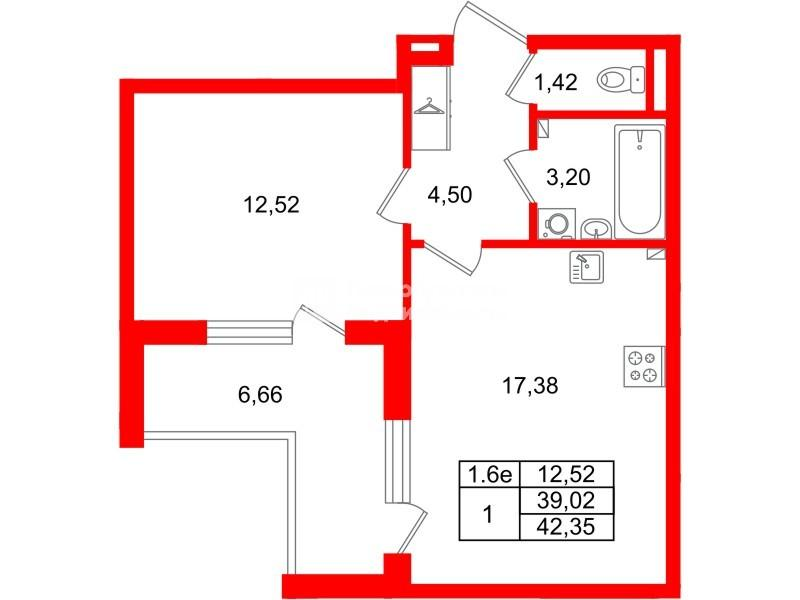 1-комнатная 39 м2 в ЖК Парадный ансамбль корпус null этаж 2