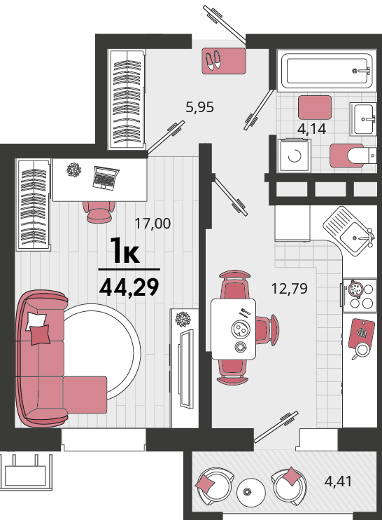 1-комнатная 44 м2 в ЖК Родные просторы корпус null этаж 10