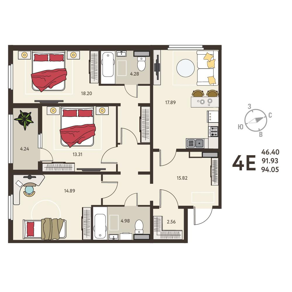 3-комнатная 94 м2 в ЖК undefined корпус null этаж 14