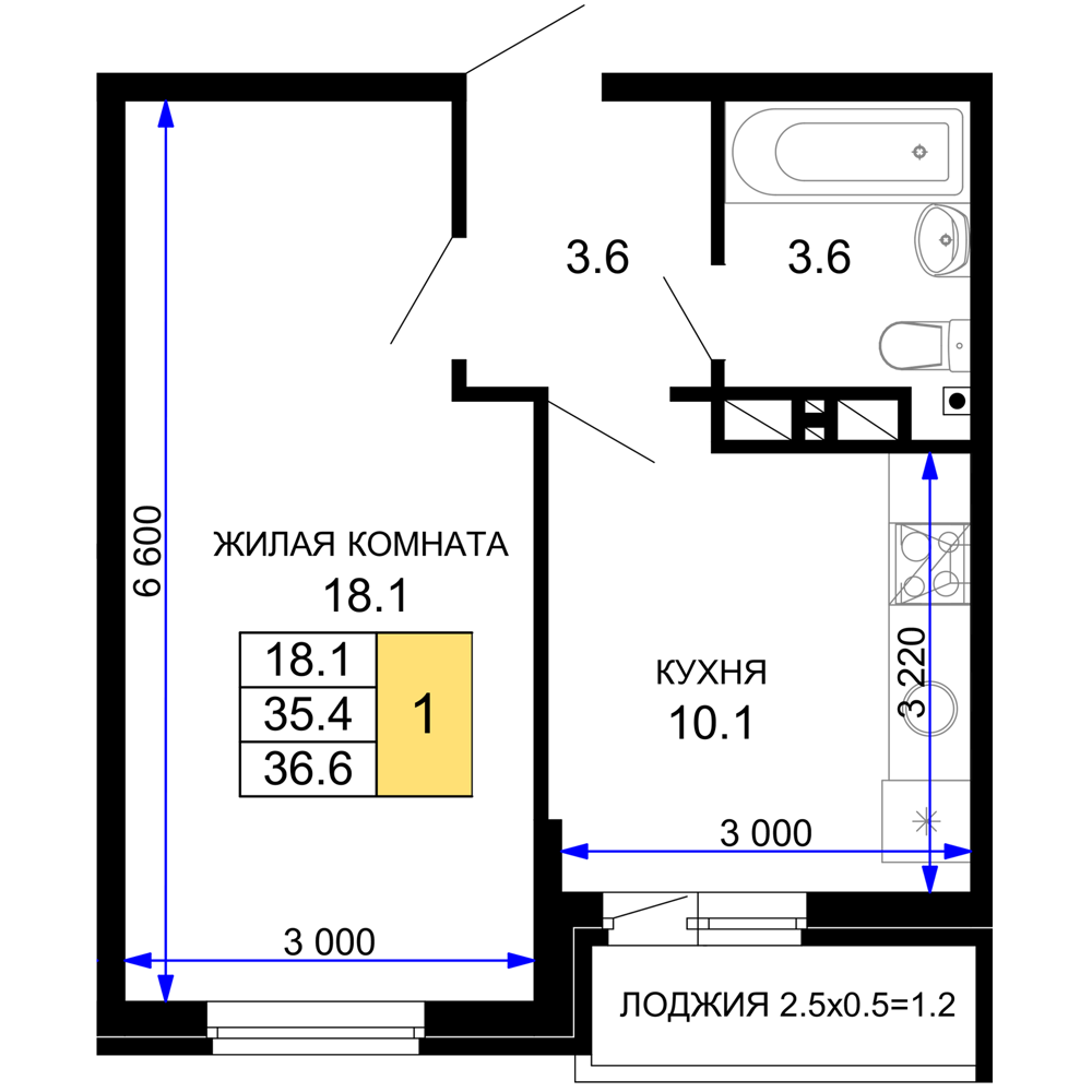 1-комнатная 37 м2 в ЖК Дыхание корпус null этаж 10