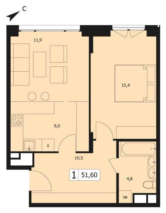 1-комнатная 51 м2 в ЖК TWICE корпус null этаж 7