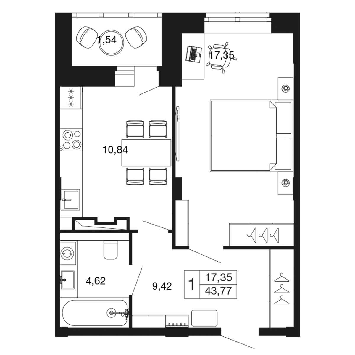 1-комнатная 43 м2 в ЖК Времена года корпус null этаж 3