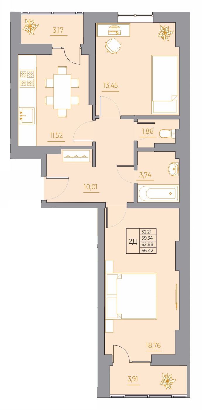 2-комнатная 66 м2 в ЖК Новый Горизонт корпус null этаж 5