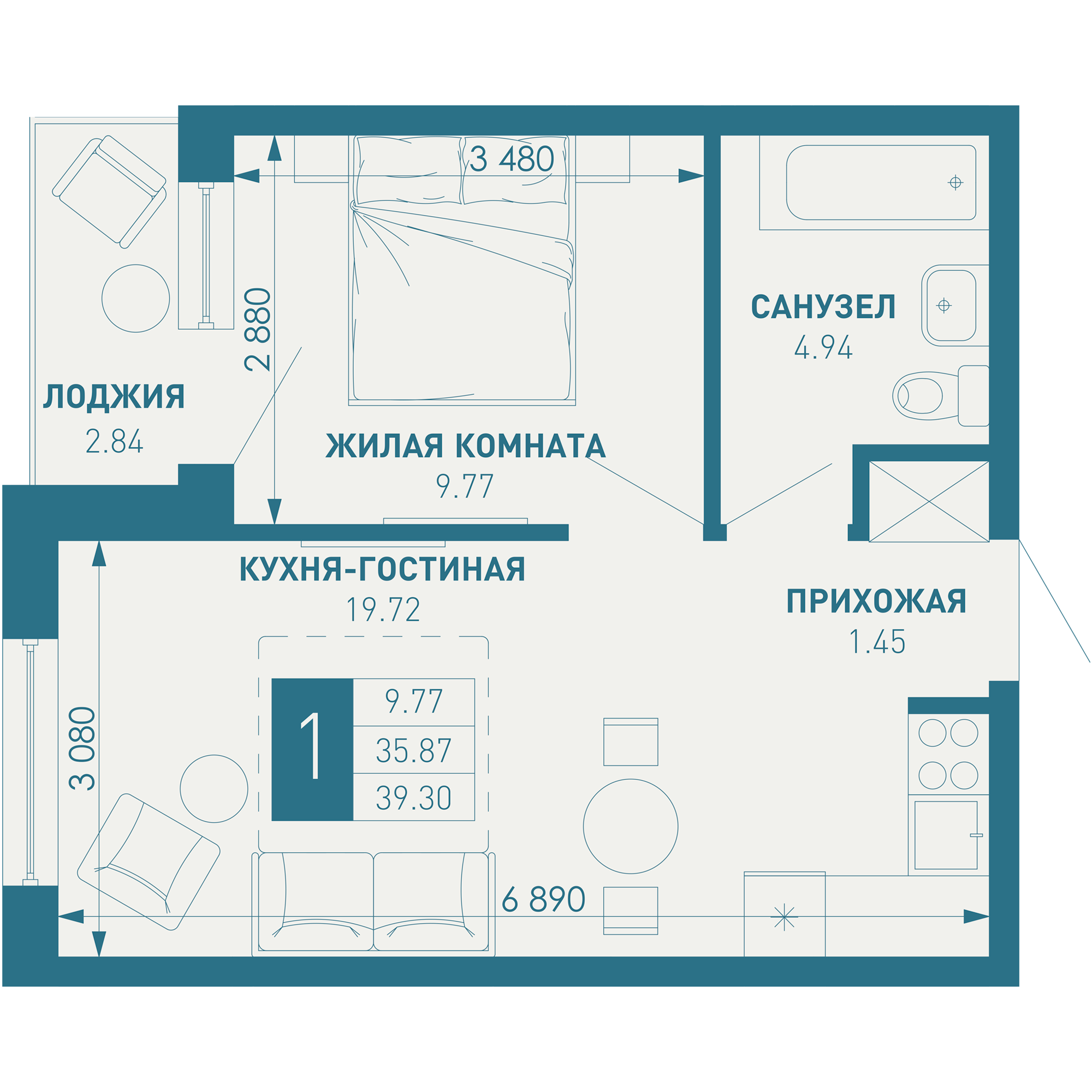 1-комнатная 39 м2 в ЖК ИНАЧЕ в Молодежном корпус null этаж 9