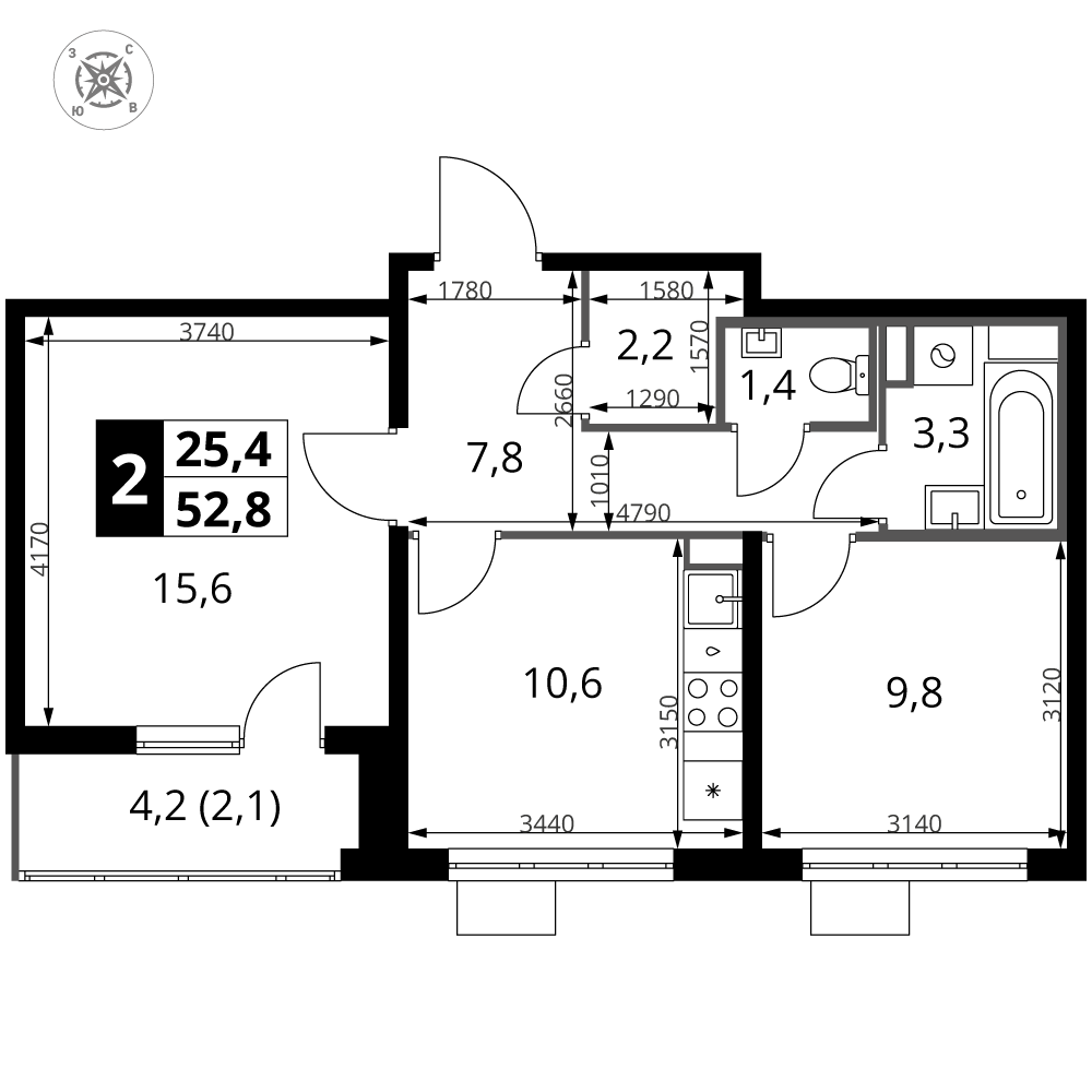 2-комнатная 52 м2 в ЖК 1-й Шереметьевский корпус null этаж 14