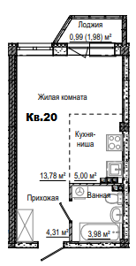 1-комнатная 28 м2 в ЖК Лесная сказка корпус null этаж 2
