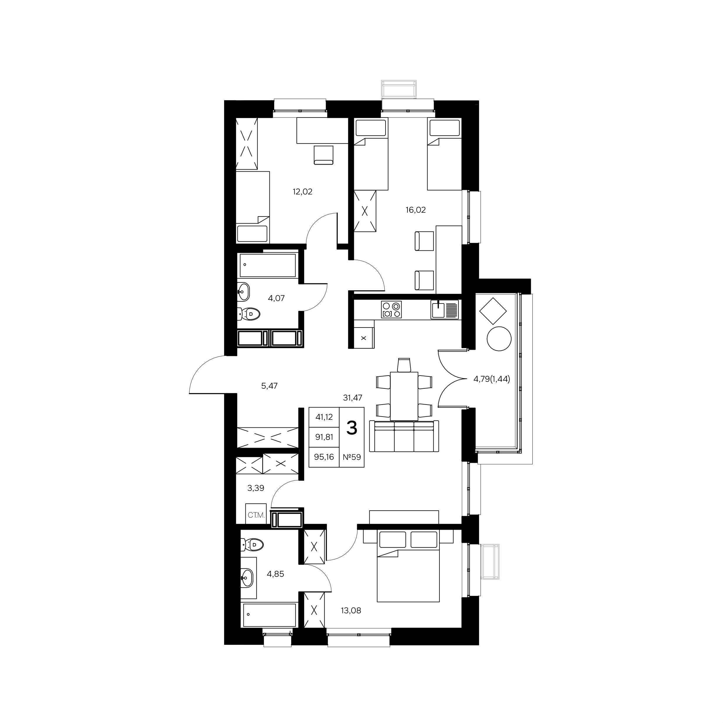 3-комнатная 95 м2 в ЖК Дом Славский корпус null этаж 13