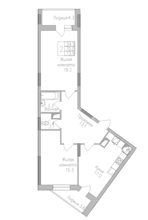 2-комнатная 73.9 м2 в ЖК undefined корпус null этаж 4