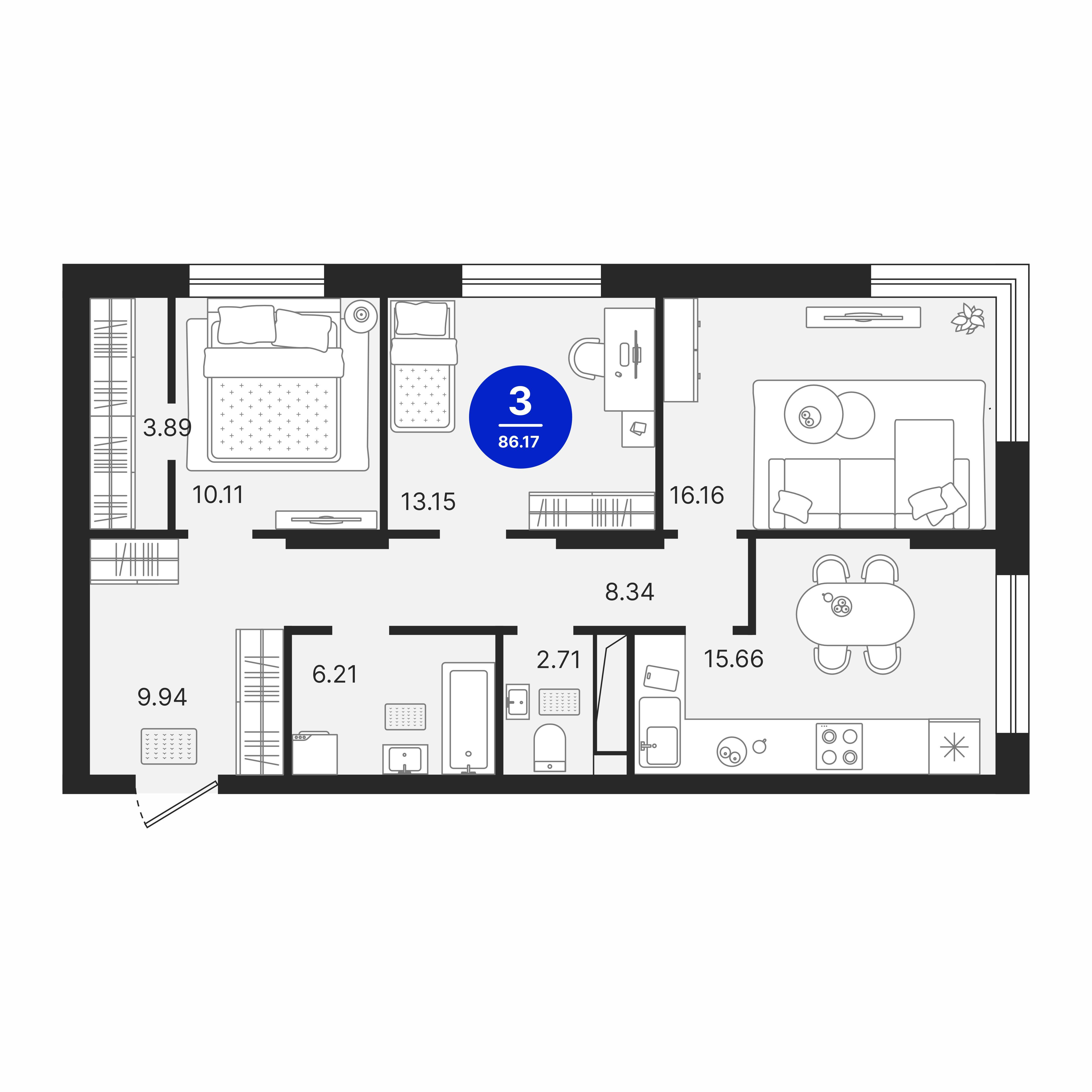 3-комнатная 86 м2 в ЖК Северное Сияние корпус null этаж 12