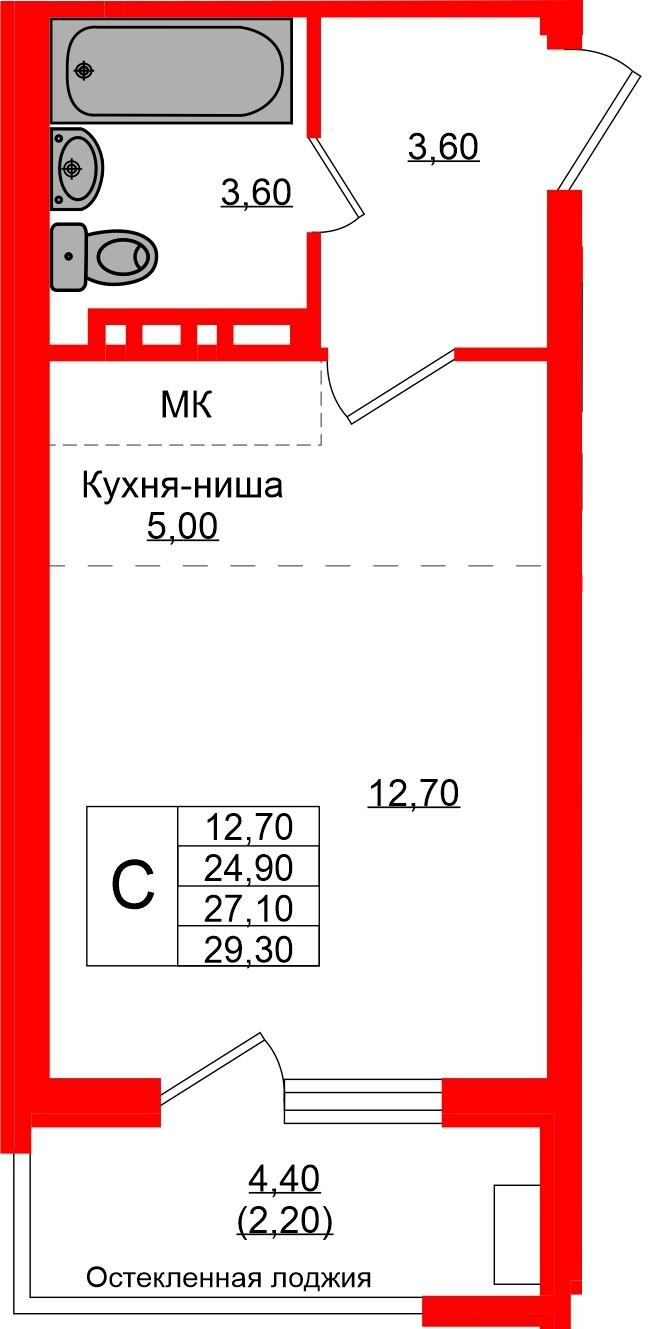 Студия 27 м2 в ЖК Кроны и Волны корпус null этаж 4