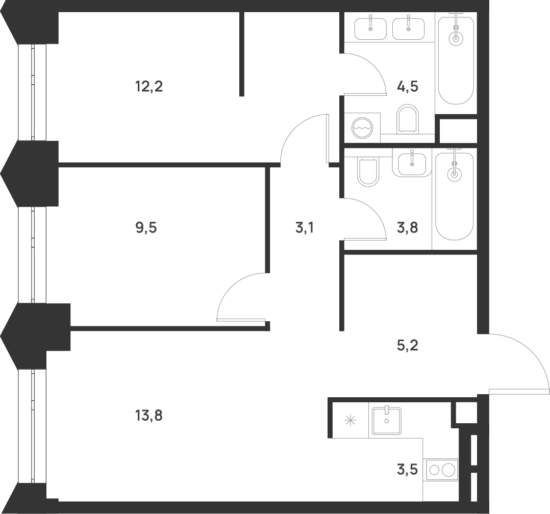 2-комнатная 55 м2 в ЖК Voice Towers корпус null этаж 20
