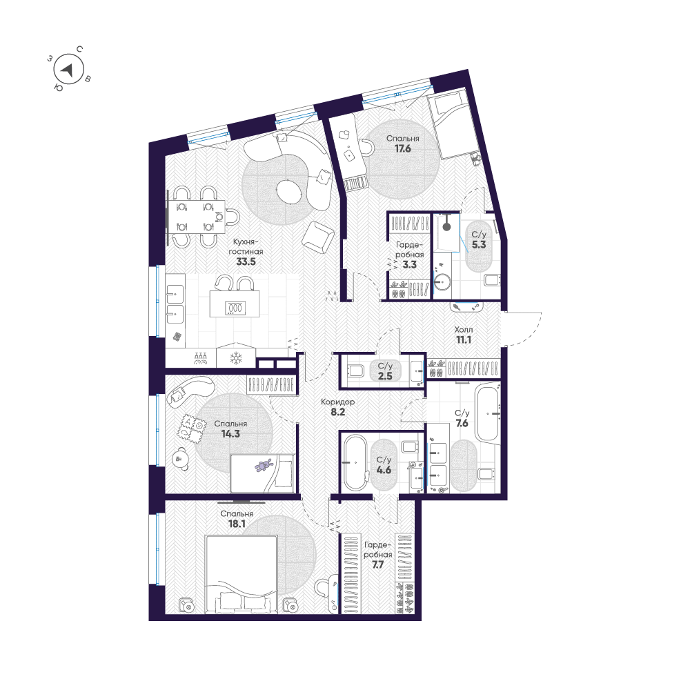 3-комнатная 133 м2 в ЖК ЛДМ корпус null этаж 4