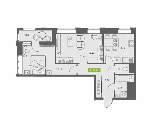 2-комнатная 51.4 м2 в ЖК undefined корпус null этаж 6